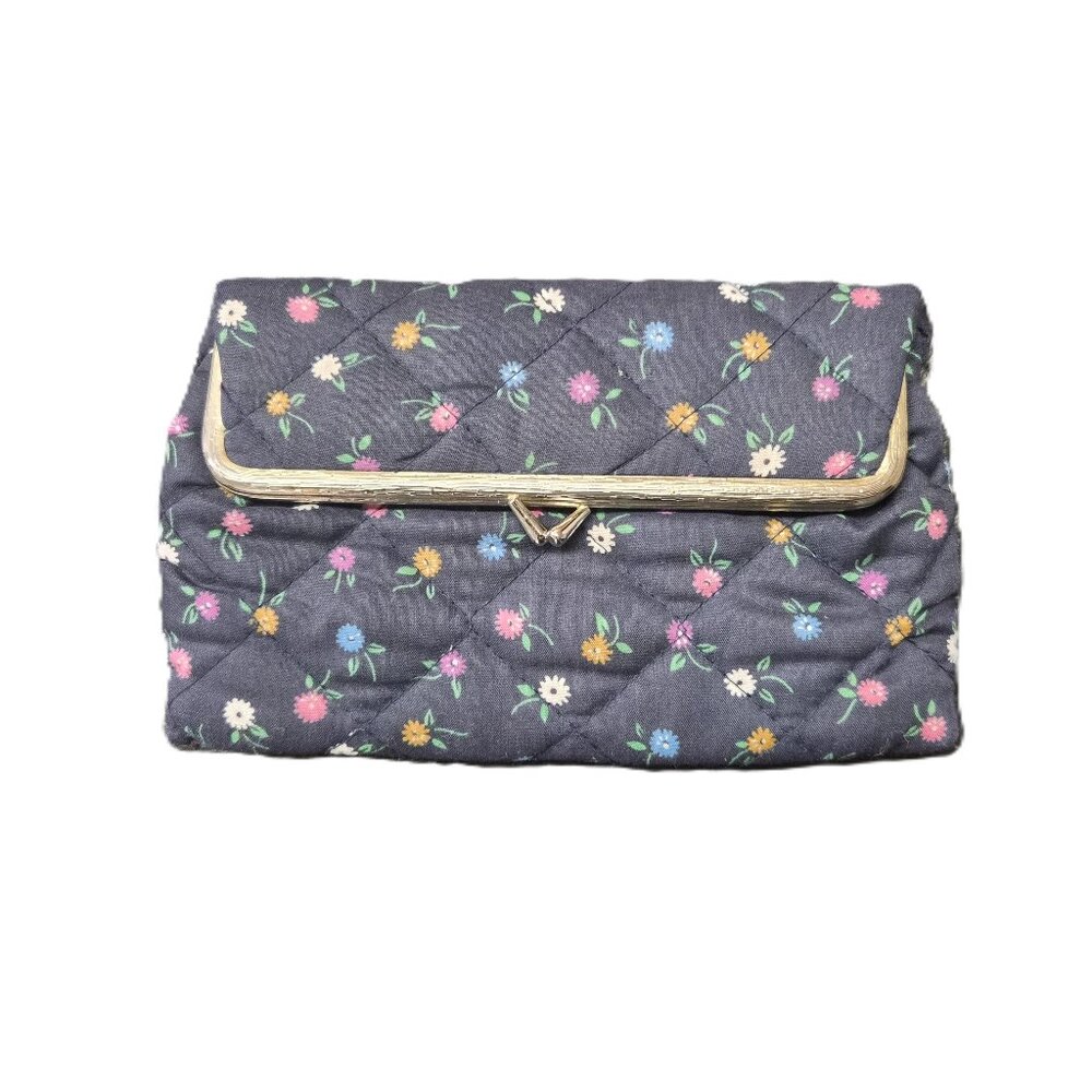 VTG Avon Quilted Floral Clutch – Navy Kiss Lock Purse with Mirror Grannycore
